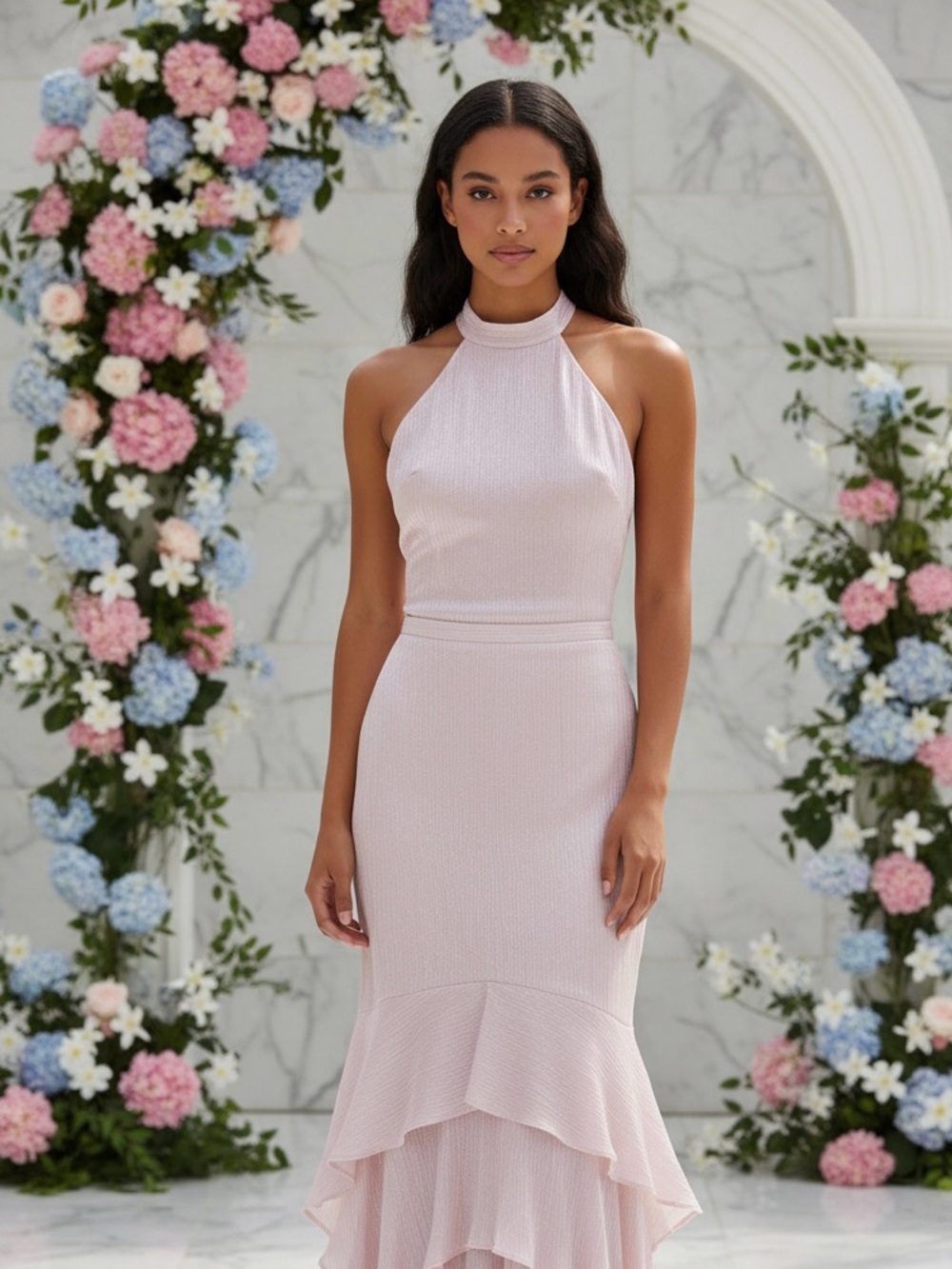 Clean Girl | Wedding Guest Bridesmaid Sleeveless Pink Halter Mermaid Set - Picture 1 of 11